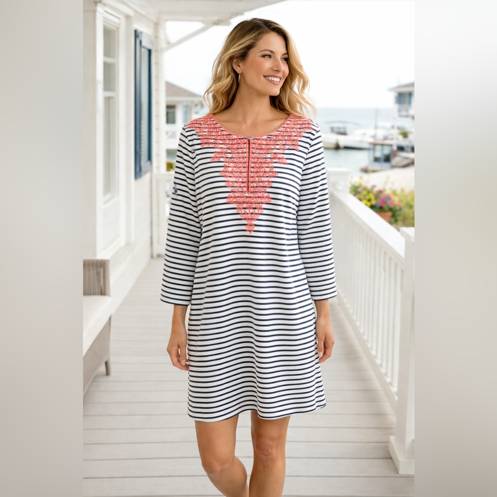 Cabana Life Navy and White Striped Long Sleeve Dress with Coral Embroidery